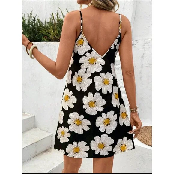 v neck floral print daisy mini dress cami strap summer boho - Picture 2 of 2